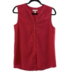 Dana Buchman linen blend red sleeveless top Size L Button down with embroidery